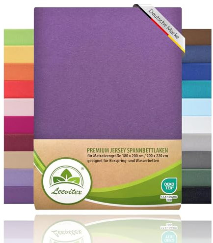 Premium Spannbettlaken, extra schwer und dick, 97% Mako-Jersey-Baumwolle und 3% Elasthan, auch Boxspringbett geeignet, 180-200 x 200-220 cm, Lila/Pflaume
