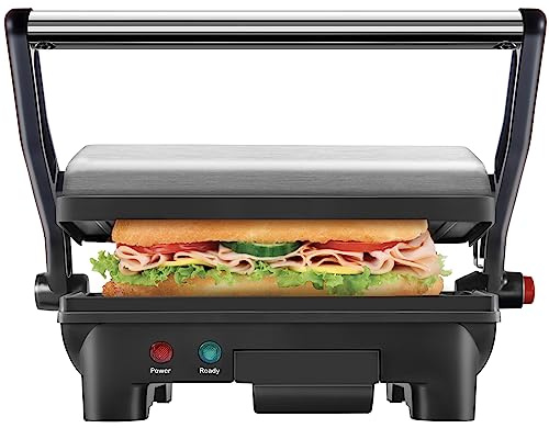 Chefman Electric Panini Press Grill, Compact 2-Slice Sandwich Maker, Non-Stick Coated Plates, Opens 180 Degrees, Dishwasher Safe, Removable Drip Tray, Stainless Steel/Black