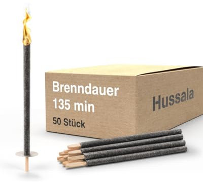 Hussala Diamond Wachsfackeln [50 Stück / 135 min] mit Holzstab und Tropschutz, Garten Fackeln aus Diamond-Wachs
