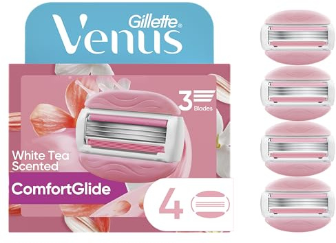 Gillette Venus ComfortGlide White Tea Women's Razor Refills, 4 Refill Cartridges, Fits Venus Reusable Razor Handles, 3-Bladed with Built-in Shave Gel Bars, Holiday Gifts for Women