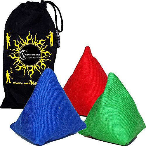 Flames 'N Games 3x Tri-It Juggling Balls - Set of 3 Pyramid Juggling Sacks (Blue, Red, Green) Bean Bags For Kids & Adults + Fabric Travel Bag.