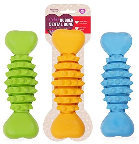 Rosewood Cyber Rubber Dental Bone for Dogs - Tough, Chew-Resistant Dog Toy - Non-Toxic Rubber - Supports Dental Health - Interactive Chewing and Play – Assorted Colours (1pc)
