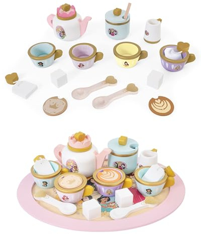 Disney Princess Wooden Tea Set – Pretend Play Tea Party Toy for Kids – Includes Teapot, Cups, Saucers, Spoons & Tray – Imaginative Role Play Set for Girls & Boys – Ages 3+, Pink