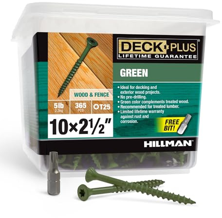 Deck Plus 2-1/2 Inch Epoxy Coated Exterior Wood and Fence Screws #10 x 2-1/2 Torx/Star Drive Included Coarse Thread, Outdoor Rust Resistant Decking Screw, Green, 5 lb Box, 365 Pieces | 48402