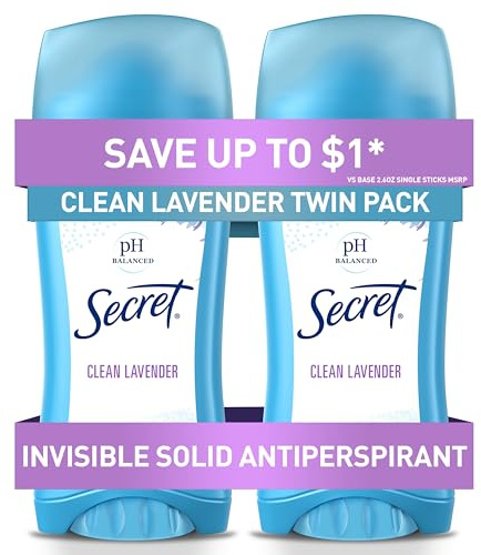 Secret Antiperspirant and Deodorant for Women, 24hr Sweat & Odor Protection, PH Balanced Protection, Gentle on Skin, Invisible Solid, Clean Lavender Scent, 2.6 oz (Pack of 2)