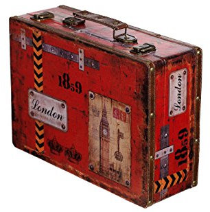 Scatola a forma di valigia, baule in legno con rivestimento in pelle, stile vintage, con guarnizioni in metallo, effetto antico, in diverse misure, di alta qualità, stile coloniale, marittimo, scatola in legno decorata. Articolo SJ15369, Bunt, Größe XL London (36cm B x 25cm T x 12cm H )