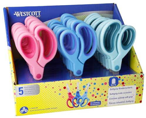 Westcott Softgrip Kinderschere 24 Stück Displaybox | Schere mit ergonomischem Griff für Vorschulkinder | Bastelschere 13 cm (5) ideal für Kinderhände | Abgerundete Spitze | E-2053S 00