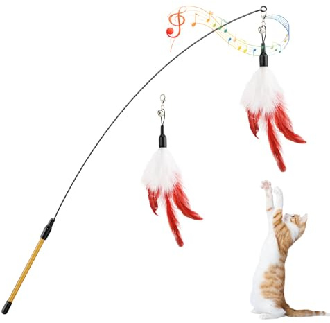 Pawaboo Plumeau de Jeu pour Chat, Canne à Pêche avec Une Baguette Extra Large de 88cm et Une Petite Clochette, Jouet Plumeau pour Chat Chaton, Bâton Jouet Fil Chaser, Plume Rouge Vineux et Blanc