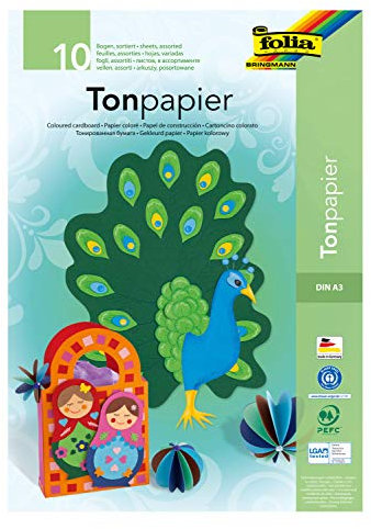 folia 603 - Block mit Tonpapier, 130 g/m², DIN A3, 10 Blatt, sortiert in 10 Farben, ideale Grundlage für vielfältige Bastelarbeiten wie Fensterbilder, Scrapbooking, Kartengestaltung