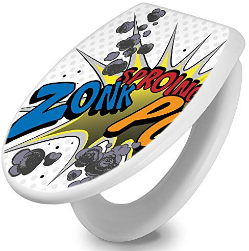 banjado Toilettendeckel mit Absenkautomatik 44,5x37cm / WC Sitz mit Absenkautomatik/Toilettensitz Duroplast mit Edelstahl Scharnieren/Klodeckel mit Absenkautomatik Motiv Comic