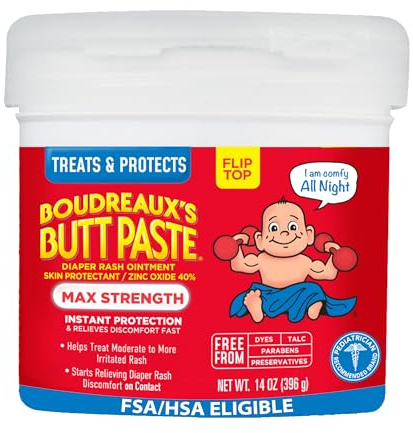 Boudreaux’s Butt Paste Max Strength Diaper Rash Cream for Baby, Ointment With Zinc Oxide, 14 oz Flip-Top Jar