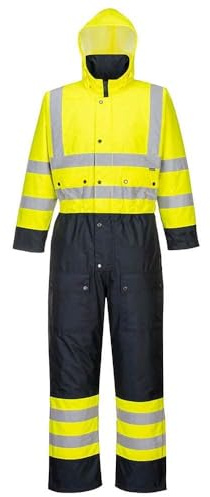 Portwest S485 Men's Hi Vis Winter Work Coveralls Waterproof 300D Polyester Protective Boiler Suit Durable Overalls Thermal Lined Workwear Rain Suit, Yellow/Navy, XX-Large