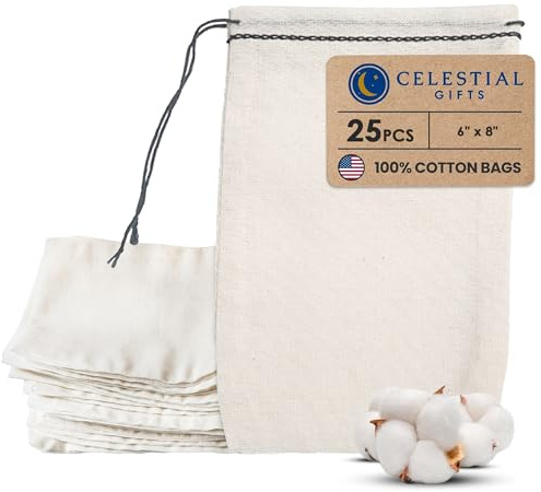 Celestial Gifts Muslin Bags with Drawstring 25pcs, 6x8 - Large Drawstring Bags Bulk - Used for Party Favors, Parts, Shoes and DIY Crafts - 100% Cotton - Made in USA - (Black Hem and Drawstring)