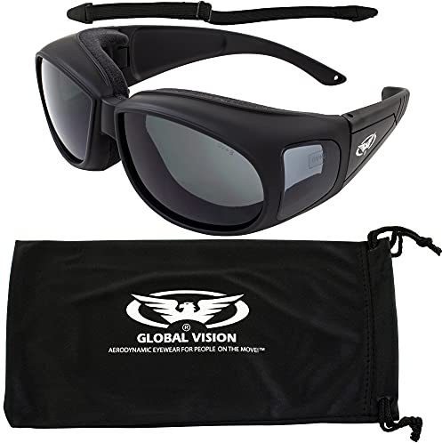 Global Industrial Motorcycle Safety Sunglasses Fits Over Glasses Smoked Lenses ANSI Z87.1 Foam Padding with Pouch & Strap
