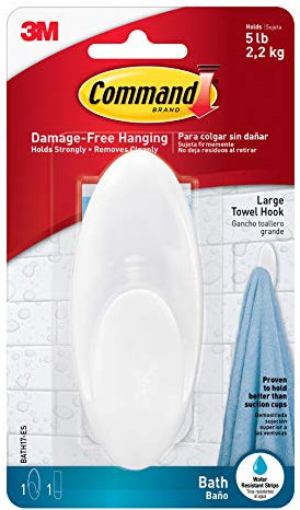 Command Bath Large Towel Hook, White, Water Resistant - 1 Hook and 1 Adhesive Strip - Hang Towels, Robes and other Bathroom Accessories - Damage Free Hanging