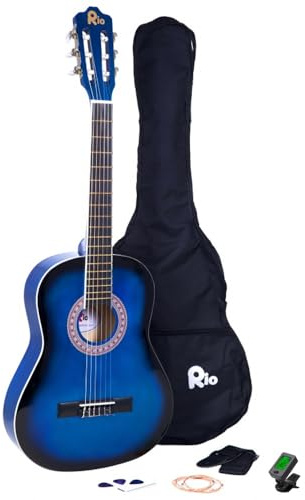 Rio 3/4 Size Blue Classical Guitar Pack for Kids beginners- Suit 9 To 12 Years - Includes Bag, Strap, Picks, Pitch Pipes - New