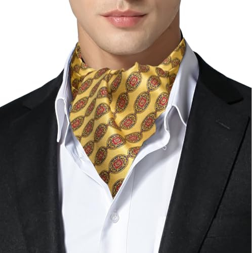 Remo Sartori - Ascot Doppia Pala in Seta Giallo Fantasia Dorata, Made in Italy, Uomo