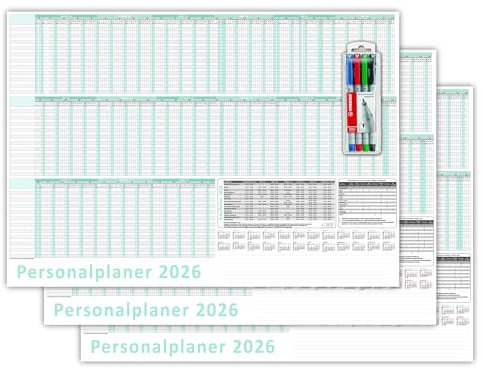 3 Stück Urlaubsplaner/Personalplaner 2026 nass abwischbar mit Folienkaschierung inkl. Stifteset - DIN B1 Format (1000 x 700 mm) 22 Mitarbeiter Januar bis März Folgejahr mit Schulferien (gerollt!)