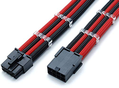 Shakmods 8 Pin Pcie GPU Graphics Card Black & Red Heatshrinkless Sleeved Extension Cable with 2 Free Cable Combs 30cm