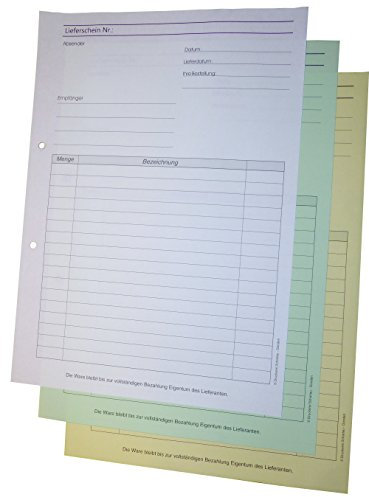 1x Lieferscheinblock Block Lieferschein DIN A4, 3-fach selbstdurchschreibend, 3x30 Blatt weiß/grün/gelb - gelocht (22651)
