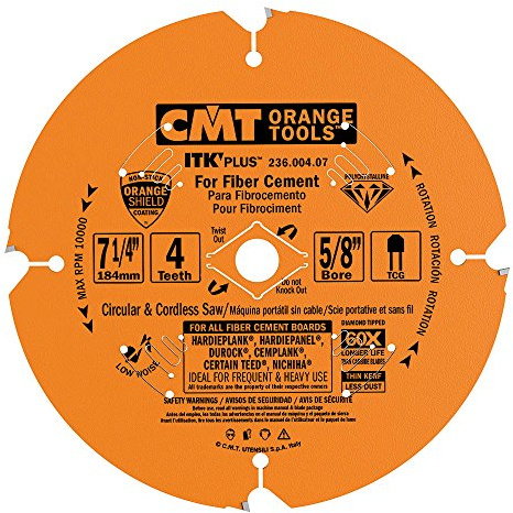 CMT 236.004.07 ITK Plus Diamond Saw Blade for Fiber Cement Products, 7-1/4-Inch x 4 Trapezoidal Teeth with 5/8-Inch<>Bore, PTFE Coating