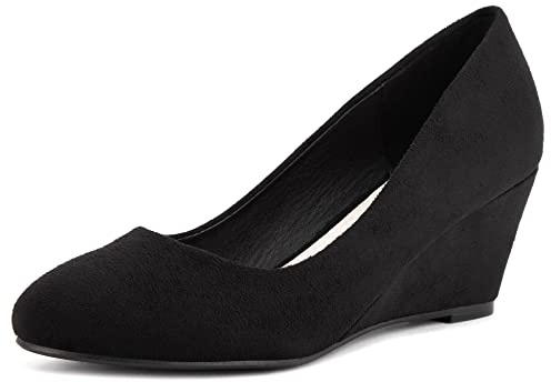 Greatonu Women's Formal Office Wedge Platform Mid Heel Dress Court Shoes Black Suede UK 4
