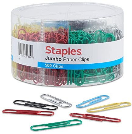 Staples Jumbo Paper Clips, 1.75, Assorted Colors, 500 Pack – Large Clips for Thick Papers & Color‑Coded Organization