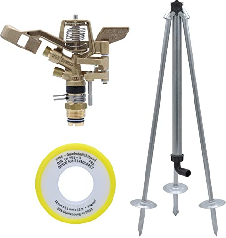 Agrarflora Impulsregner RC135-3/4 Zoll Komplettset aus Kreisregner, Dreibein Stativ & 12m Dichtband - zur Bewässerung von großen Flächen - für Gärten, Sportplätze, Felder & Gärtnereien
