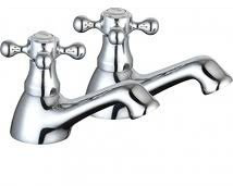 Deck Mount Victorian Basin Taps - Pair of Basin Taps for Bathroom Basin & Kitchen - Cross Top Handles with Hot and Cold Indices - Suitable for Both High and Low-Pressure Systems - Chrome