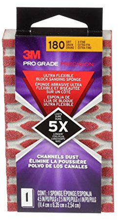 3M Pro Grade Precision Esponja de canalización de polvo para lijar en taco, grano 180 fino, 2503TRI-180-CH, 11.4 cm x 6.4 cm x 2.5 cm, 12/paquete