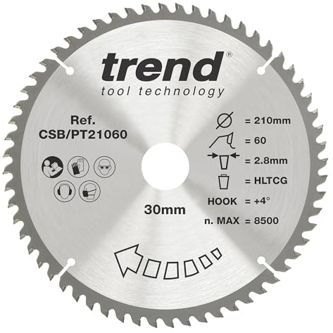 Trend CSB/PT21060 Craft Pro Super Fine Finish TCT Circular Blade Ideal for Sheppach PL75 & TS75 Plunge Saws, Tungsten Carbide Tipped, 210mm x 60 Teeth x 30mm Bore