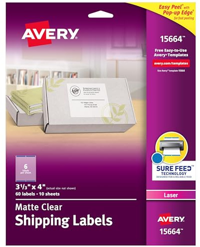 Avery Printable Shipping Labels with Sure Feed, 3-1/3 x 4, Matte Clear, 60 Blank Mailing Labels (15664)