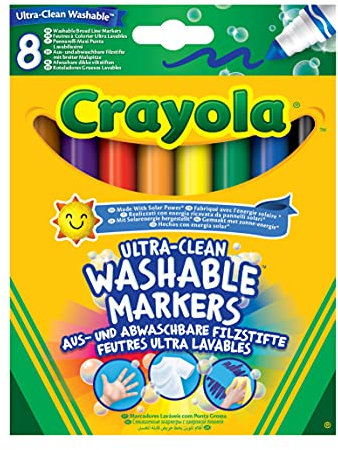 CRAYOLA Ultra-Clean Washable Markers - Assorted Colours (Pack of 8) | Premium Broadline That Can Easily Wash Off Skin, Clothing & Walls Ideal for Kids Aged 3+