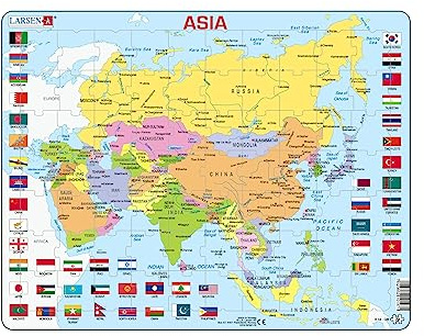 Larsen K44 Asia Political Map – 70-Piece Boxless Tray Jigsaw Puzzle – Educational Geography Learning for Kids – Includes Country Names, Flags & Capitals – English Edition