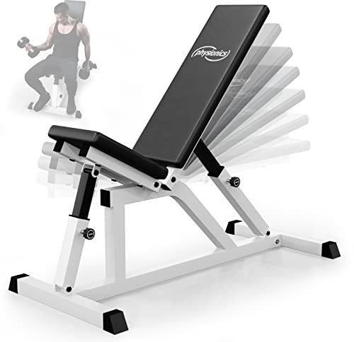 Physionics® Multifunktion Hantelbank - Rückenlehne 7-fach und Sitz 4-fach verstellbar, klappbar, bis 200kg belastbar- Schrägbank, Flachbank, Trainingsbank