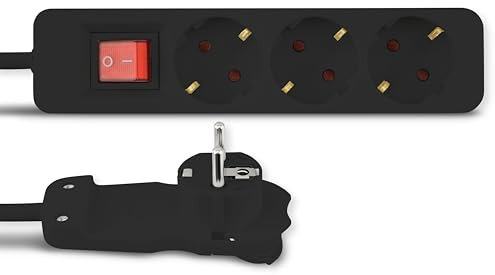 REV Steckdosenleiste - Mehrfachsteckdose 3-Fach mit Flachstecker & beleuchtetem Schalter zum Stromsparen, Kabel 2m, max. 3680W, schwarz