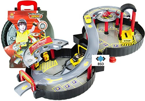 BSD Parkplatz - Garage mit 2 Autos, Hubschrauber, Aufzug, Autowäsche, Tankstelle und andere Accessoires - Parkhaus - Parkplatz Garage Spielset - Parkgarage