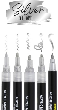 ONLINE 5er-Set Acryl Stifte Silver I Stark deckendes Handlettering Set mit Brush Pen, Fineliner, Kalligrafie Stift & Markern I metallic Acryl Marker für DIY-Projekte I Papier, Glas, Holz, Stein, Stoff