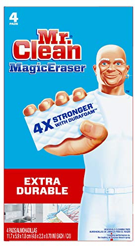 Mr. Clean Magic Eraser Sponge, All Purpose Cleaner, Cleaning Scrubber, Wall Cleaner, Sneaker Cleaner, Kitchen, Bathroom, Shower Cleaning Supplies, Melamine Sponge, Cleaning Pads, Extra Durable, 4ct