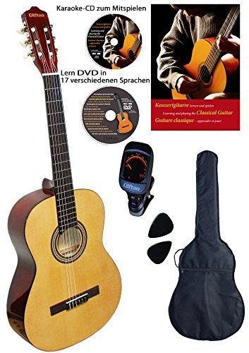 Clifton 4/4 Konzert-Gitarre Natur, Set mit Buch, CD, DVD, Stimmgerät, laminierte Fichtendecke, Plectren, gepolsterte Tasche …