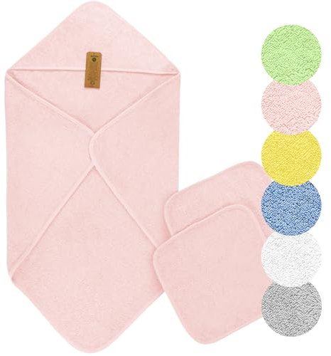 Arus Baby-Kapuzenhandtuch-Set aus Bio-Baumwolle mit 2 Baby-Waschlappen, Rosa, 75 X 75 cm