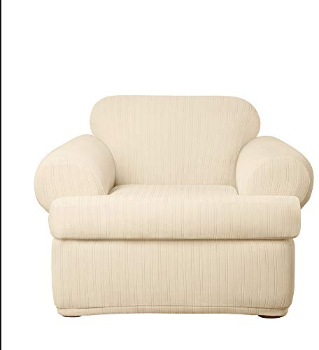 SureFit Décor Stretch Pinstripe T-Cushion Chair Two Piece Slipcover, Form Fit, Polyester/Spandex, Machine Washable, Cream