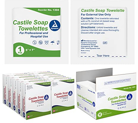 Dynarex Castile Soap Towelettes - Professional-Grade Wet Wipes Individually Wrapped for Hospital, School, Home - No Alcohol Gentle Formula with Coconut Oil-Based Soap - 10 Boxes, 100 Packets per Box