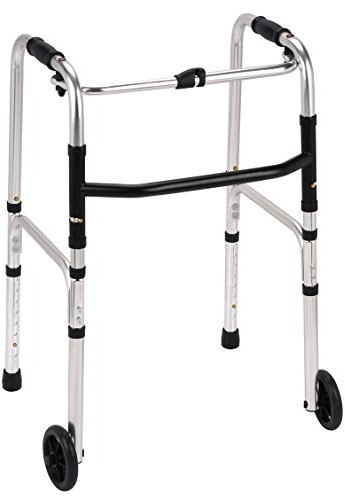 Folding Lightweight Aluminium Walking Frame/Zimmer/Walker with 2 Wheels - Adjustable Height - Simple one Button Folding Mechanism