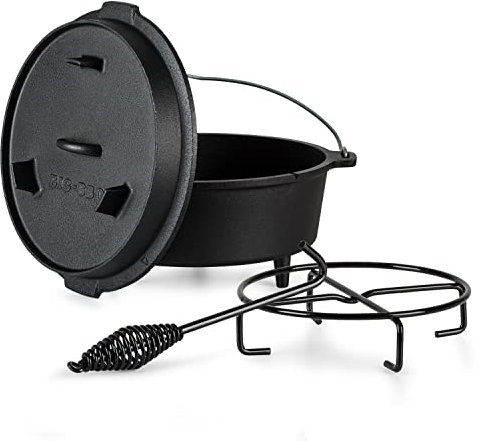 ToCis Big BBQ Dutch Oven Set Guernsey | fertig eingebrannter 9qt Gusseisen Topf | 9.0 Liter Feuertopf | Dutch Oven Zubehör inklusive Deckelheber und Topfständer | Raketenofen Outdoor mit Füße