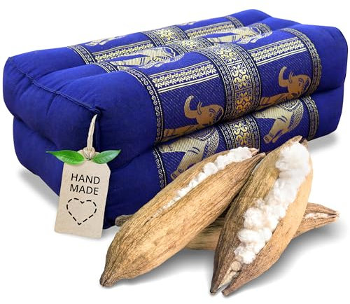 livasia Block Yogakissen eckig Thaiseide - 17x34x12cm - Meditationskissen Kapok, Stützkissen rechteckig, Yoga Pilates Zubehör Nackenkissen, Thaikissen fest handgefertigt (Blau/Elefanten Seide)