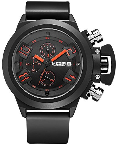 Megir Mens Black Dial Big Face Chronograph Sport Quartz Wrist Watch with Black Silicone Strap