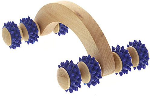 Massageroller aus Holz Massagegerät, Kosmetex Massagehandroller mit blauen Kunststoffnoppen, Groß