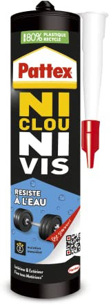 Pattex Ni Clou Ni Vis | Résiste à l'Eau (cartouche de 450 g) – Colle de fixation multi-matériaux résistante à l'eau – Colle rapide à maintien immédiat pour intérieur et extérieur