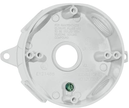 SIGMA ENGINEERED SOLUTIONS 143854 Round Metal Electrical Outlet Box, Weatherproof, Easy Mount, White, (5) 1/2-Inch Holes